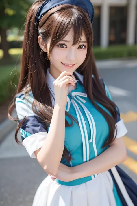  Realistic Photo Quality 、 A woman in a uniform is posing for a photo, anime girl  cosplay, anime  cosplay, 初音ミク  cosplay,  cosplay photo,  cosplay, professional  cosplay, looking at camera、Detailed and beautiful eyes、 cute smiles 、 soft and gentle express...