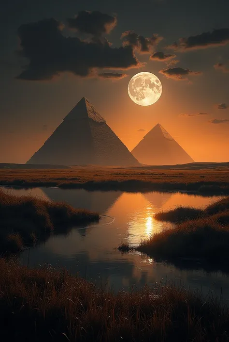 Je veux une image de la savane nocturne de l'Afrique au pré d'une lac et le reflet des  pyramides de l'Égypte  sur la lune tous en orang noire et blanc