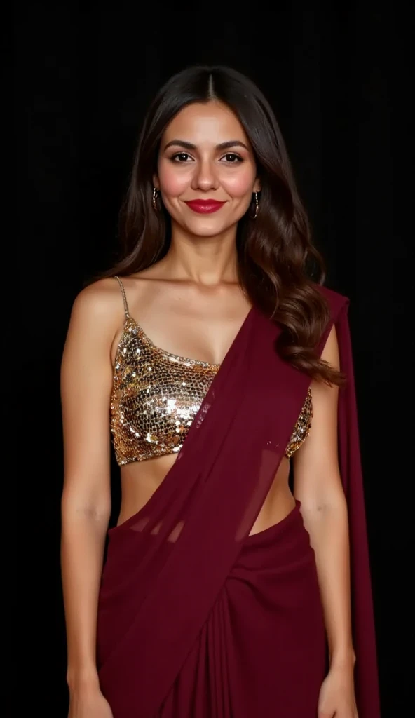 Generate a full upper body image of Victoria Justice in a sleeveless maroon saree. The saree is very slightly translucent. The blouse is golden colour with mirror sequins. Sharp focus to the face and dark background. Lips with red lipstick. One side of blo...