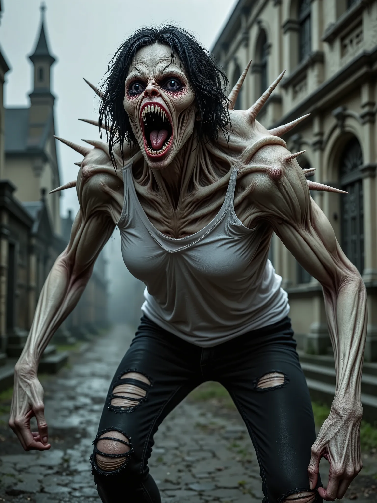 A monstrous female figure of enormous size, pale skinned, very strong body, deformed monstrouse face, black hair, full black eyes, bones coming out of his body through the skin like sharp spikes, furious gesture , torn clothes, fists clenched in anger ,  o...