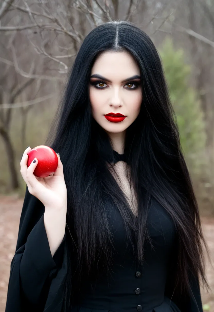 chica,long black hair，black queen，accessories， apple in hand， poisoned apples，witch queen，red lipstick,Laura B,