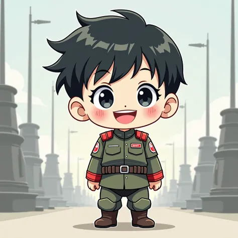 chibi one boy,  stormtrooper,  black hair,  smiles, simple background on infecti,  Soviet ,  anime style, 