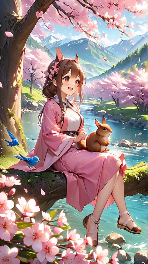 （masterpiece、 TOP QUALITY 、8k、 high resolution )、HD、a brown squirrel is on my lap、1 girl、shortcuts、It's sitting in a tree、 pink clothes、up、 laughing、 glitter、 sunshine、 colorful flowers、 cherry blossoms in full bloom、There is a rabbit、a blue bird is flying...