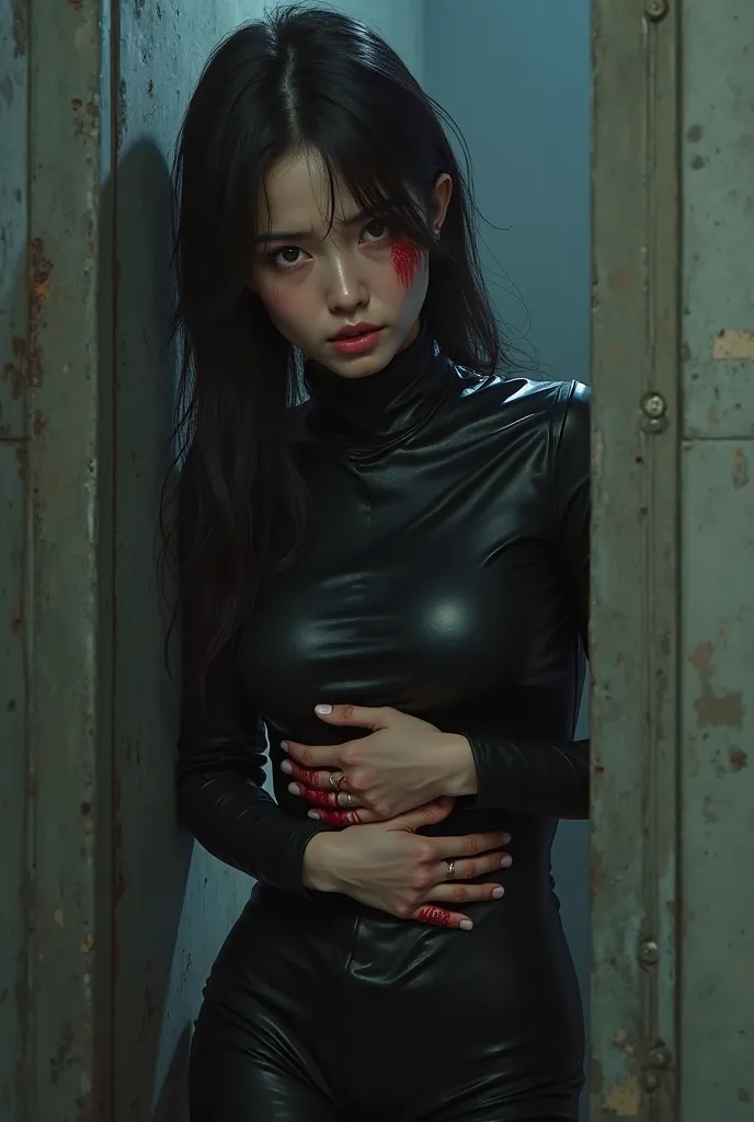 A 21-year-old female spy from South Korea who was shot in the stomach, bleeding, and in pain, wearing a leather bodysuit leaning against a wall