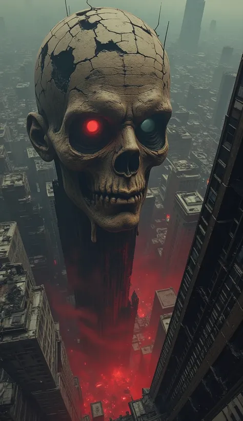 "A massive, disembodied human head with hollow, glowing eyes peers over the edge of a ruined skyscraper, its cracked skin peeling away to reveal dark, empty voids beneath. The expression on its face is disturbingly neutral, almost lifeless, yet its gaze fe...