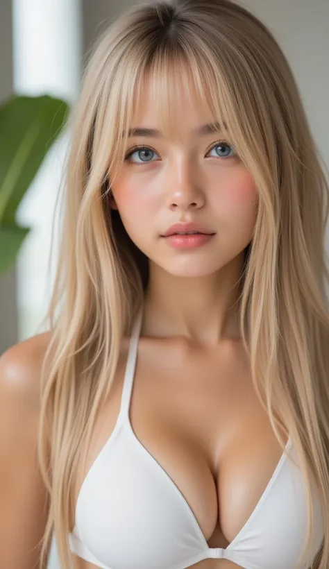 Yoga Suit、Beautiful, white and radiant skin、Blonde hair that changes color depending on the light、Long bangs between the eyes obstruct vision、Shiny highlights on the cheeks、sexy and very beautiful lovely pretty gorgeous face、 the most beautiful face in the...