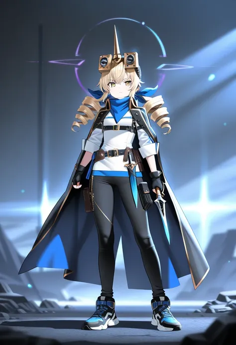 (masterpiece, best quality),source_anime,vibrant colors,A boy, anime-style character dressed as a stylish rogue. He has short, slightly messy blonde hair with purple streaks and wears a blue bandana with intricate patterns. ((He has a drill-machine on his ...