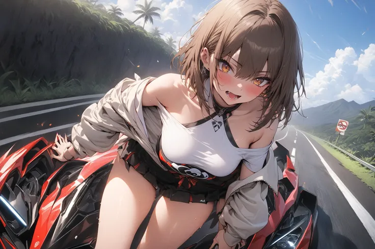 (masterpiece, detailed:1.2), One Girl, (18-years old), brown long Bob Cut, Medium Breasts, off shoulder,BREAK, Highest quality, on a Hawaiian road, BREAK, standing, "Lykan HyperSport", focus on thigh,