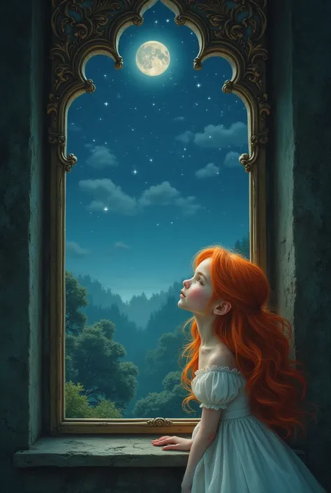  A young princess ,With skin as white as the moon, wavy hair in orange, In your window looking at the night sky, and the stars while the landscape is a forest, That this fact as in an old painting