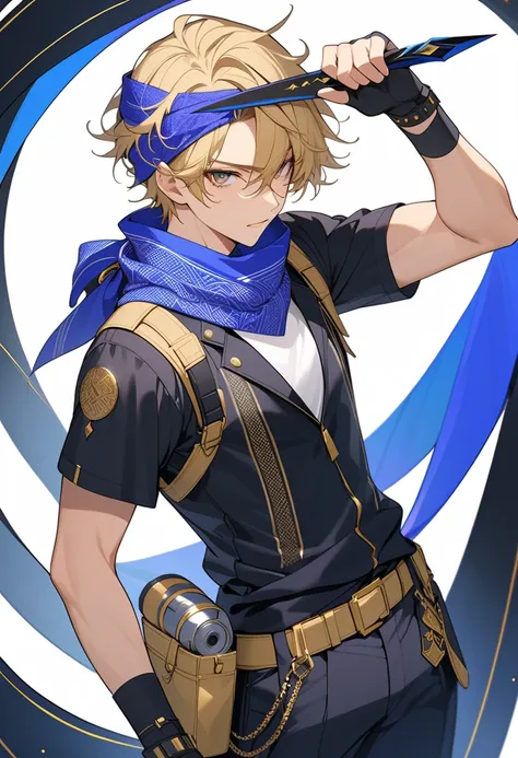 (masterpiece, best quality),source_anime,vibrant colors,A boy, anime-style character dressed as a stylish rogue. He has short, slightly messy blonde hair with purple streaks and wears a blue bandana with intricate patterns. ((He has a drill-machine on his ...