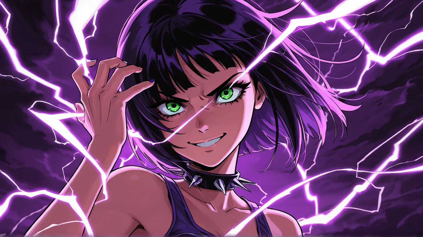 A girl with a black bob and green eyes, with a serious smile, in punk style clothes, in one hand the power of purple lightning, in the other the power of gravity