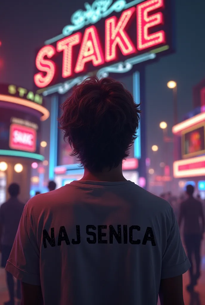 gambling addiction person with a name "naj senica"on his shirt
is gambling in a casino named stake. Stake is a big sighn in the back . the person is saying "Nasledna bo zih!" 