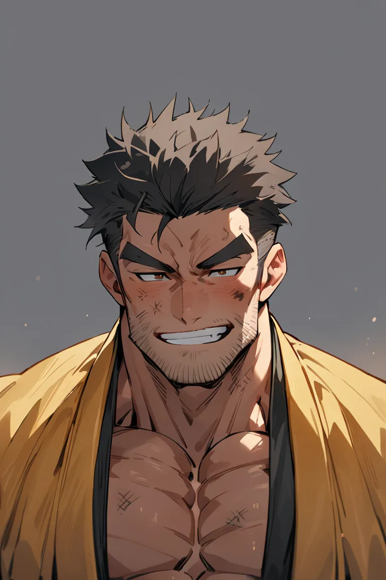  Anime Characters : male ,   sunburned skin  , maleらしさ,  male性重視,  Muscle Development  male,  Muscle Development , maleが一人 , dandy , Alone ,  black short hair, Messy Hair , Thick eyebrows , Stubble,  brown eyes on the frame ,  simple background on infecti ...