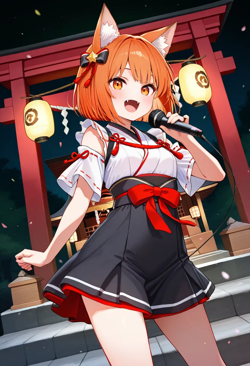 score_9,score_8_up,score_7_up,rating_safety,source_manga,masterpiece,best quality,hyper detailed,super fine illustration,8k,cinematic angle,front angle,BREAK 1girl,little,13yo,fox ears,(orange hair,short bob),(orange eyes),(fox fangs),(singing),(flat chest...