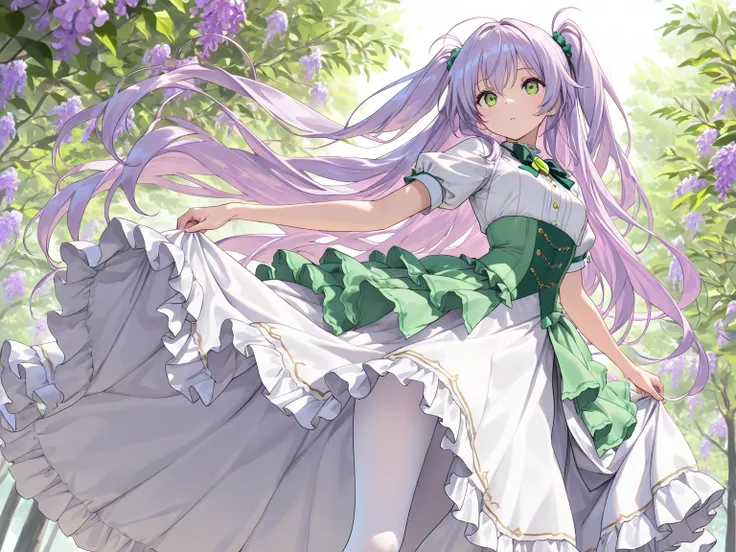 ((masterpiece, best quality, ultra-detailed character)), 1girl, lilac purple hair, very long hair, long side up, peridot green eyes, white shirt, short sleeves, long skirt, frilled skirt, showgirl overskirt, white pantyhose, perfect composition