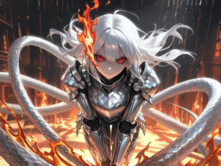 (masterpiece, best quality:1.2),Alone,A beautiful witch who handles flames,a beautiful witch woman\(long white hair,sharp eyes,red eyes,silver metallic snake scale armor),I'm dancing in a bewitching form、[[dark horror essence]],mythic, Flame,dynamic scene,...