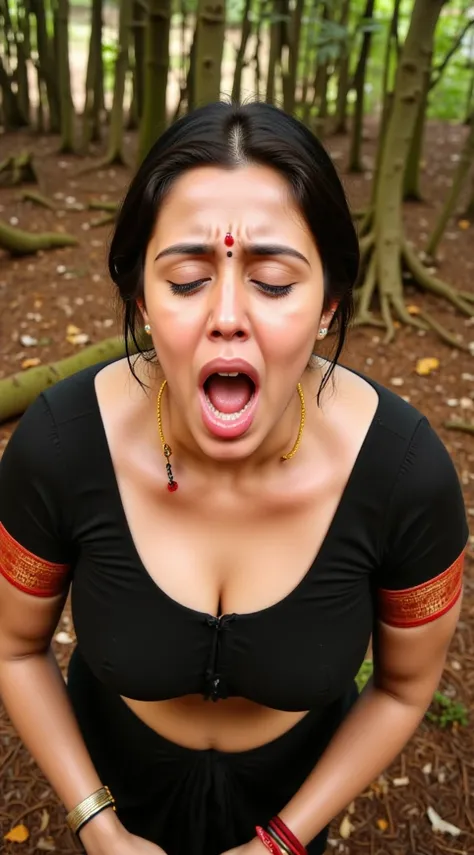 Top-down view,Kneeling down dressed in saree,mouth wide open,blue lusty eyes,red bindi,nosering, bridal makeup,wide open mouth,in black saree andwine pulka blouse, showing deep clevage, inside forest,wet hair,bright background,with sunrays penetrate,lots o...