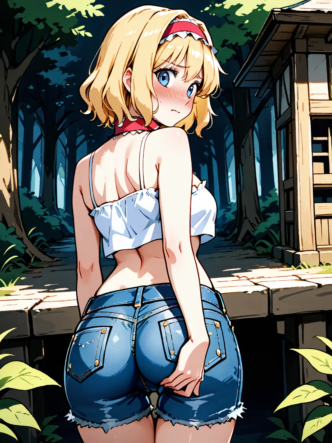 nsfw, one girl, Alice Margatroid, white tube top, no bra, denim hot pants, half ass, under ass, embarrassed, looking back, ass, outdoor of village