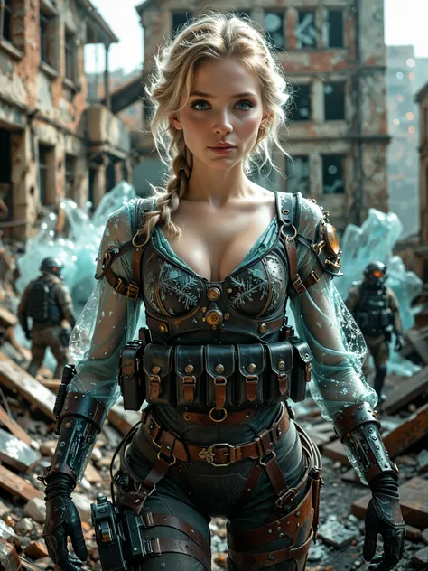 masterpiece, best quality, amazing quality, realistic, (cowboy shot), elsa from frozen, exoskeleton, tactical gear, cleavage, posing, ruins, steampunk, (looking at viewer:1.3), dark theme, depth of field, bokeh