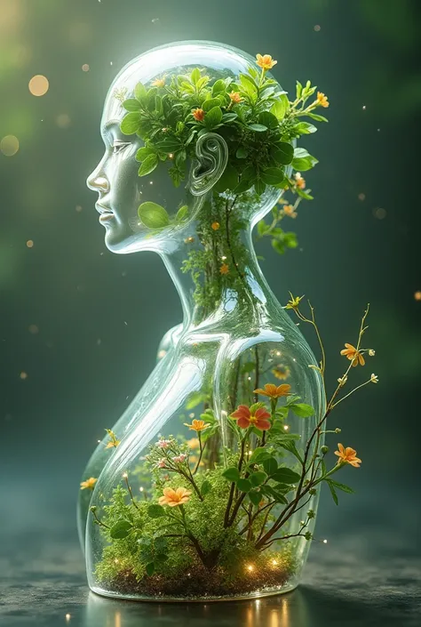 
A standing luminous transparent glass Indonesian male figure with an hourglass body, exploring a complex internal ecosystem, featuring miniature plants with delicate moss and flowers growing from within, blurring the boundaries between real nature and org...