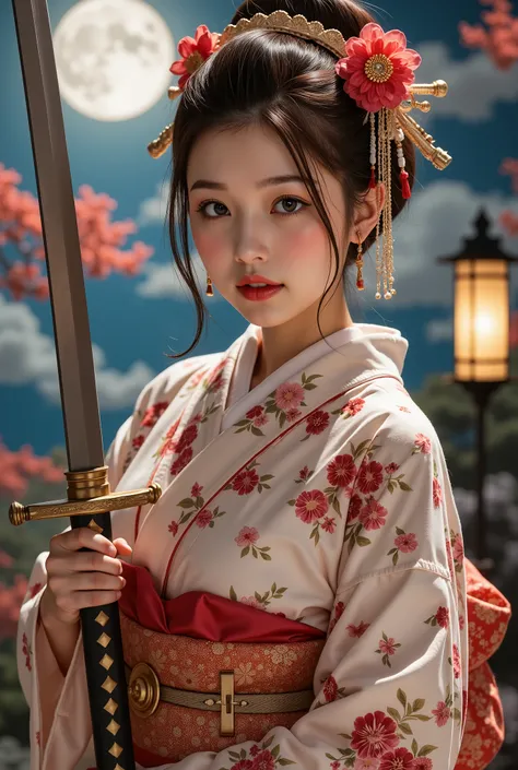 ( masterpiece, TOP QUALITY, by Nomi, high resolution, photos, :1.3), sharp concentration, 1 Beautiful Japanese Geisha Girl, ((( Beautiful kind face :1.5))), Geisha hairstyle, ((( plump body))), Japanese Geisha's Gorgeous Kimono, Standing Pose, (( full b...
