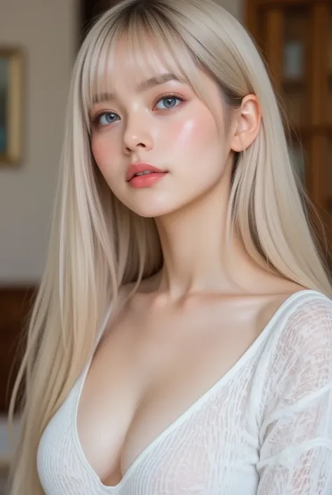 Beautiful, white and radiant skin、Blonde hair that changes color depending on the light、Long bangs between the eyes obstruct vision、Shiny highlights on the cheeks、sexy and very beautiful lovely pretty gorgeous face、 the most beautiful face in the world、 su...