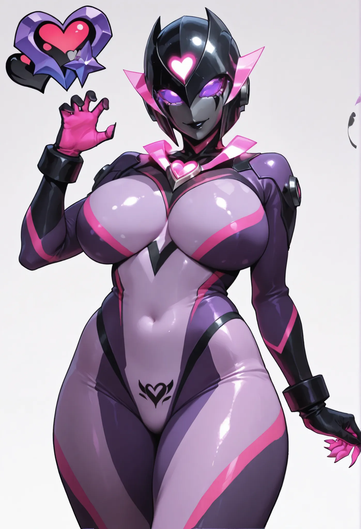 Dark UltraWoman. （high quality）（luster）（(Black Face and red eyeline)）（Black thema color. Purple thema color. black helmet. A full-face helmet. Pink lines. Purple glowing mechanical eyes. The whole body is covered with a black and purple bodysuit. Thick leg...