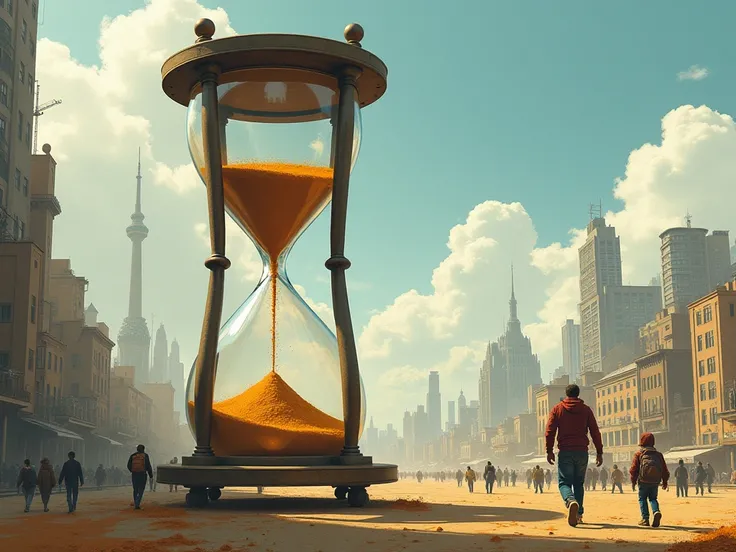 A giant sand clock flowing quickly,  symbolizing time passing . In the background, a bustling city with people running, highlighting the daily rush. (drawn image — air 16 :9)