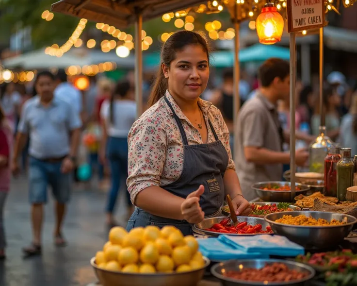 A photorealistic editorial-style street photograph captured with a Sony Alpha A7R V or Canon EOS R5 using a 35mm f/1.4 lens for sharpness and depth of field, showcasing a 24-year-old brunette female street food seller with sun-kissed skin, deep soulful eye...