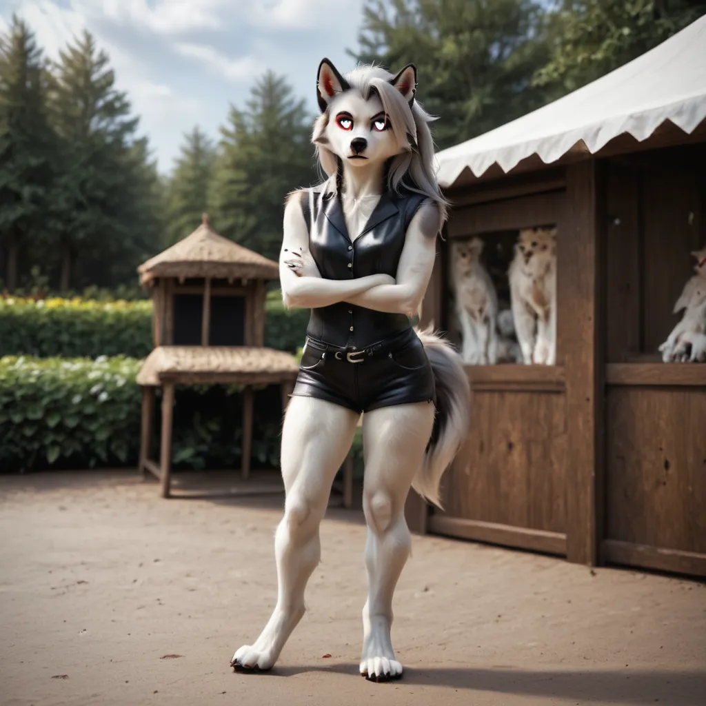 Furry art, breathtaking furry art, realistic furry, anthro white wolf, female wolf, black makeup, white eyes with red sclera, silver hairs, black ears, sensual, loona, claws,(pixelsketcher pikaflufftulf hioshiru artstyle),full body, slender, 75mm canon sho...