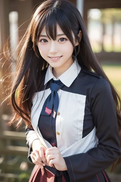  Realistic Photo Quality 、A Japanese model in uniform is posing for a photo, anime  cosplay, 初音ミク  cosplay,  cosplay photo,  cosplay, professional  cosplay, looking at camera、Detailed and beautiful eyes、 cute smiles 、 soft and gentle expression 、 has a smi...