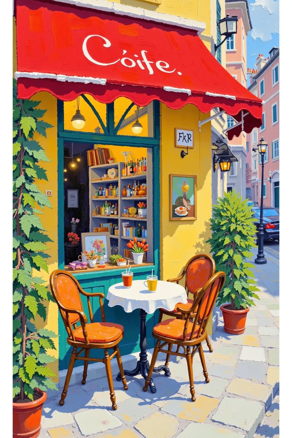 a painting of a Coffee Shop with a table and chairs outside, Bernard D'Andrea's gouache, CG Association Contest winning work, Simple Art, Coffee Shop, in a bright Coffee Shop, inside a french Coffee Shop, Watercolor detail , author：Rainer Hosch, cozy Coffe...