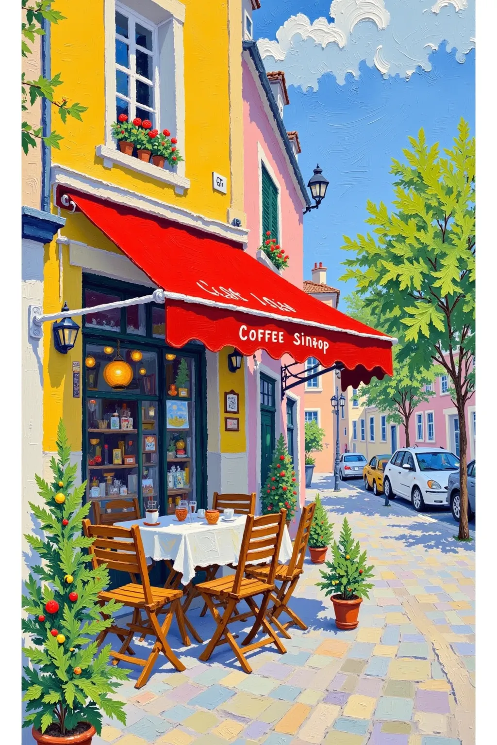 a painting of a Coffee Shop with a table and chairs outside, Bernard D'Andrea's gouache, CG Association Contest winning work, Simple Art, Coffee Shop, in a bright Coffee Shop, inside a french Coffee Shop, Watercolor detail , author：Rainer Hosch, cozy Coffe...