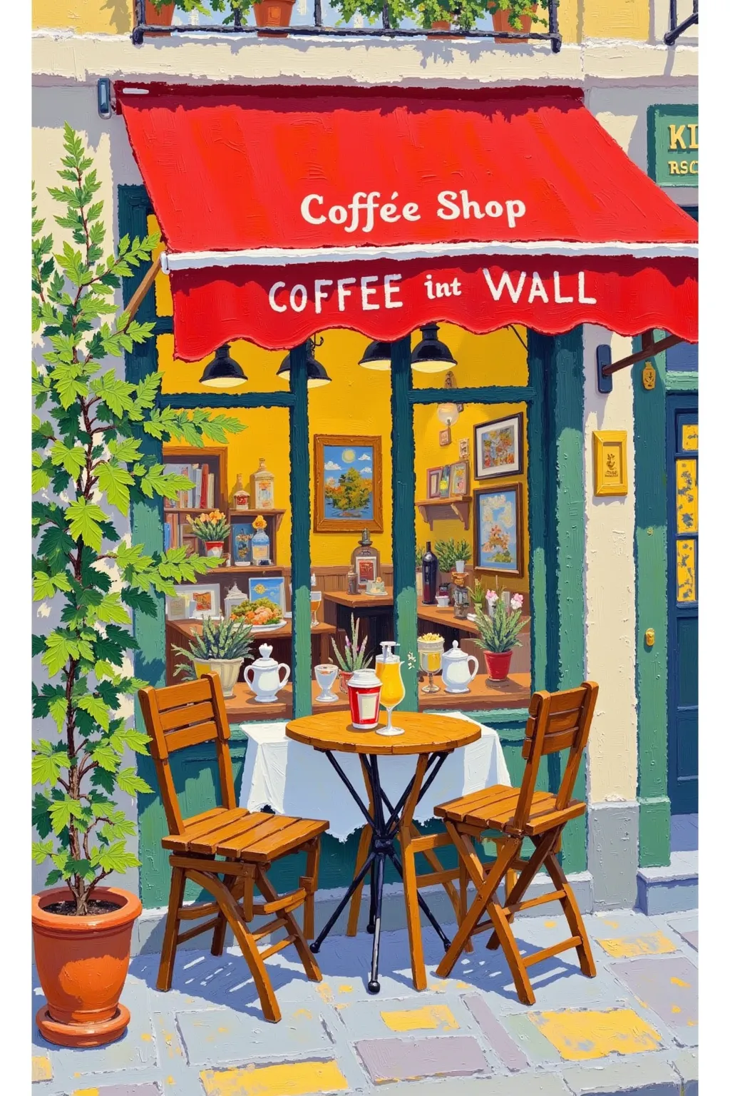 a painting of a Coffee Shop with a table and chairs outside, Bernard D'Andrea's gouache, CG Association Contest winning work, Simple Art, Coffee Shop, in a bright Coffee Shop, inside a french Coffee Shop, Watercolor detail , author：Rainer Hosch, cozy Coffe...