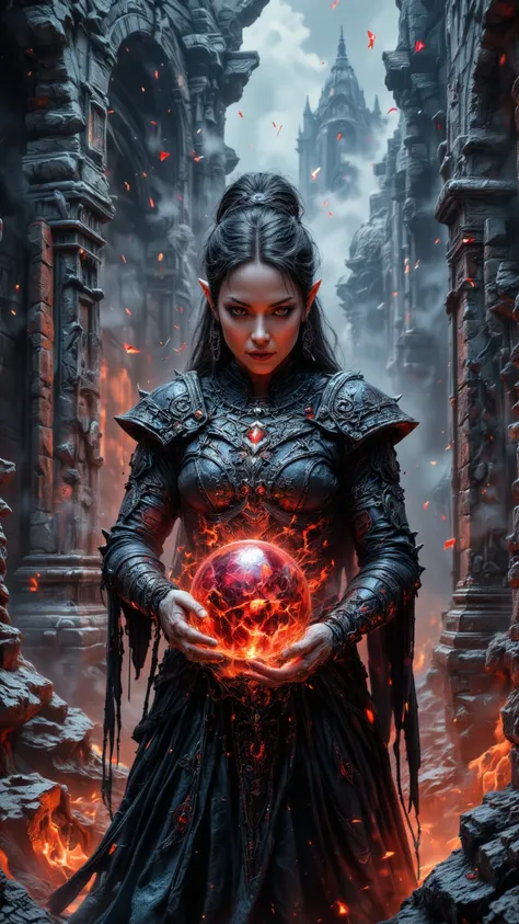 A sorceress with elegant elven features cradles a glowing crimson crystal orb in her hands, her expression one of intense focus and determination. Her armor is adorned with dark gemstones and intricate designs that shift and shimmer in the ambient light. S...