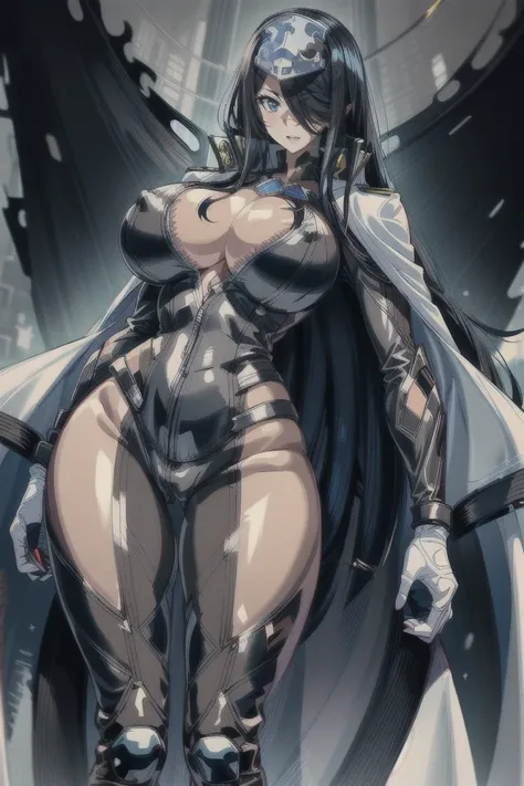 1woman, solo, (masterpiece, best quality:1.4), extremely detailed face, hyper detailed face, perfect lighting, nice hands, perfect hands, super fine illustration, pawoonekoyanagi, forehead plate armor, hair over one eye, very long hair, black hair, blue ey...