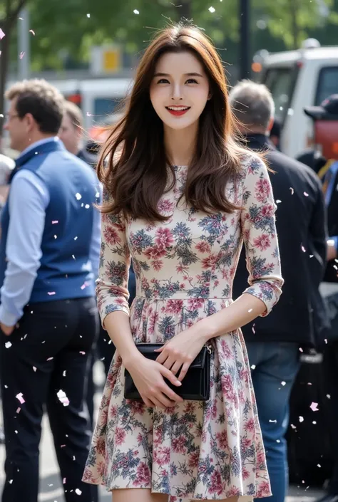 Prompt: The image shows a woman standing outdoors, dressed in a floral-patterned dress with three-quarter sleeves. She is smiling and appears to be holding a small black clutch. Her hair is long and styled, with a headband on her head. In the background, t...