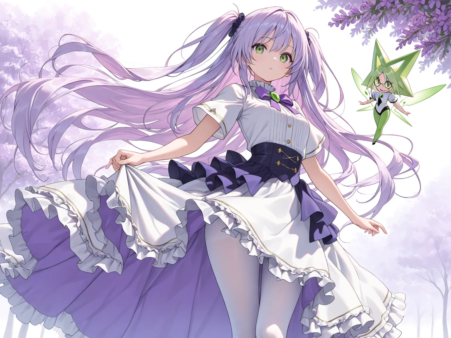 ((masterpiece, best quality, ultra-detailed character)), 1girl, lilac purple hair, very long hair, long side up, peridot green eyes, white shirt, short sleeves, long skirt, frilled skirt, showgirl overskirt, white pantyhose, perfect composition