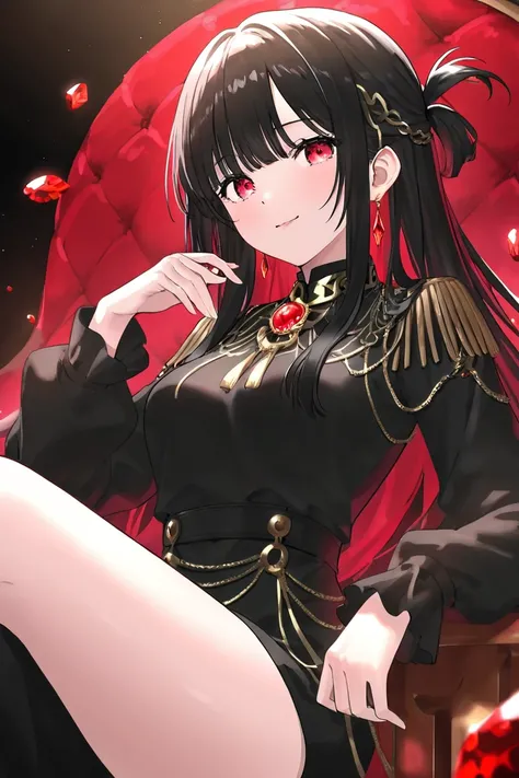 long black hair、half up、 red eyes、 black clothes、
Clothes designed like Western magicians、brooch like a red crystal shaped jewel on the collar、genderless