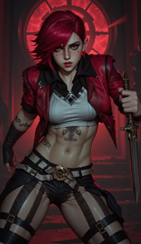 League of Legends (torn clothes, ripped clothes, scar, red spotlight:1.5), aggressive, fighting, angry, katarina, High Quality, (Photorealistic:1.4), (Realistic:1.5), 8k, Highres, Fine Light, Studio Lighting, katarina league of legends, red hair, thigh gap...