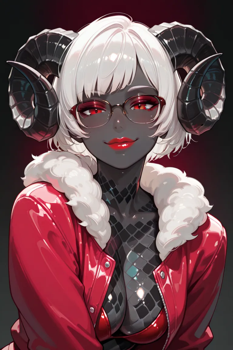 (masterpiece, best quality, dynamic lighting, smooth quality, 1girl, black skin, sheep horns, dark grey skin, lizard-scale skin, short hair, white hair, bangs, red eyes, puffy lips, red lipstick, glossy lips, seductive makeup, glasses, wearing tiny pink ja...