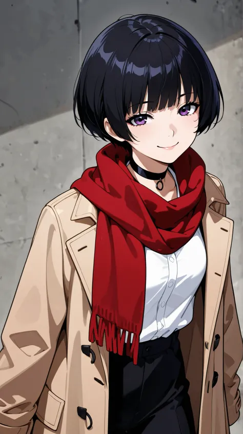 A beautiful girl with an eight-head-tall figure, wearing a coat, on Dogenzaka in Tokyo. She has a very short, black hairstyle that accentuates her purity and neatness. The image is sporty and cool, but her smile is extremely charming. Dressed in a boyish s...