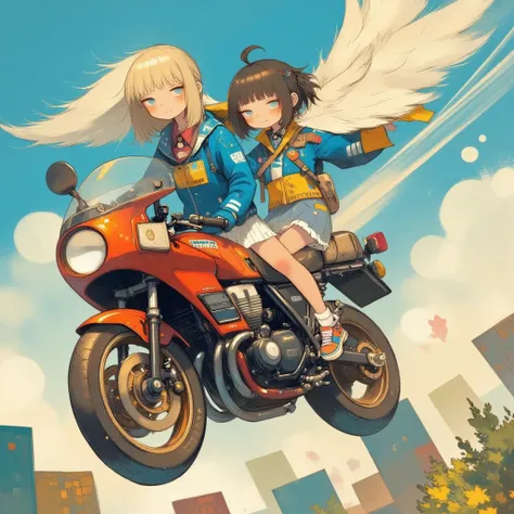 half closed eyes,short hair,bags under eyes, kawaii anime, A dynamic illustration of a female superhero soaring on motorcycle through the sky, with a trail of light following her, looking determined and powerful as the city skyline stretches out below, ser...