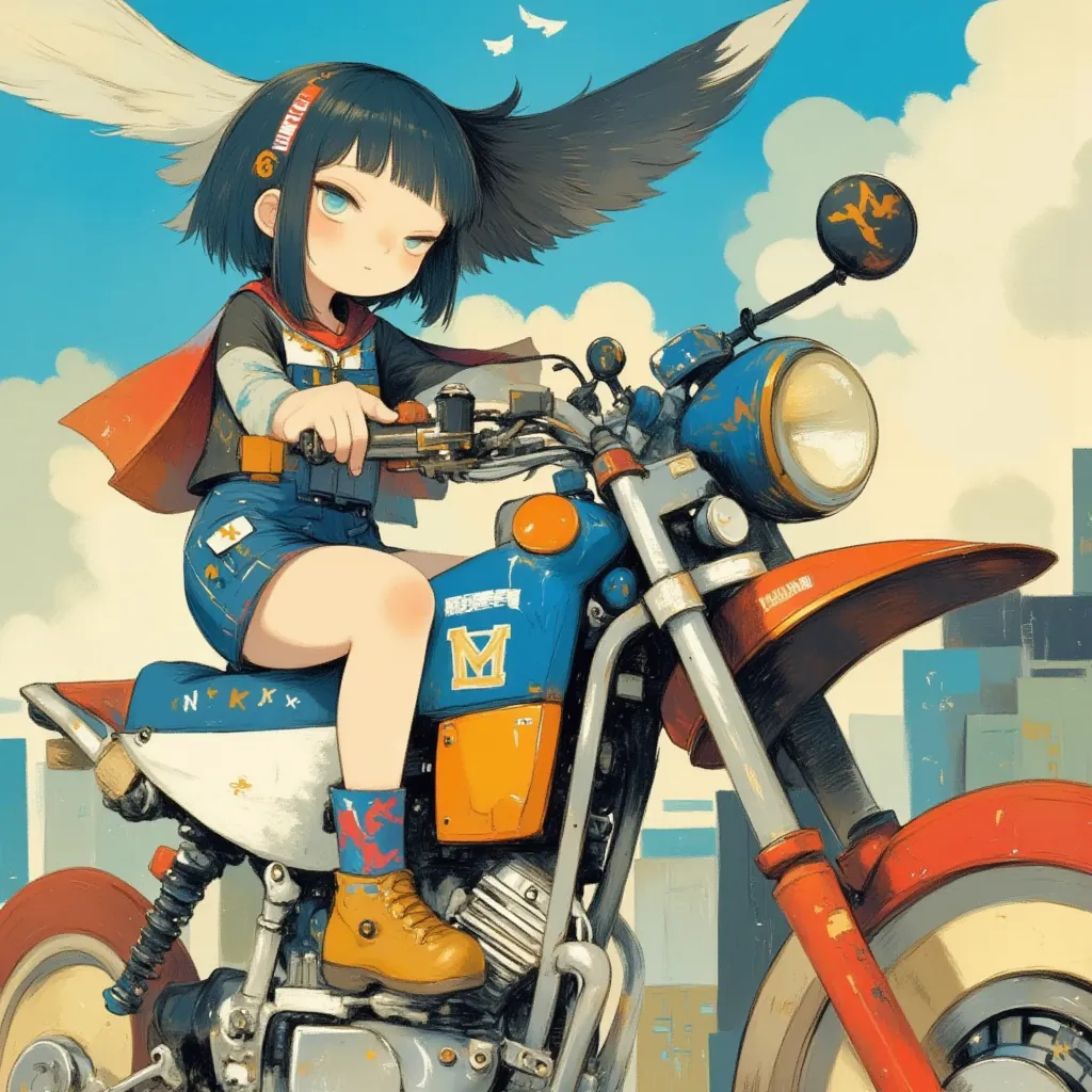 half closed eyes,short hair,bags under eyes, kawaii anime, A dynamic illustration of a female superhero soaring on motorcycle through the sky, with a trail of light following her, looking determined and powerful as the city skyline stretches out below, ser...