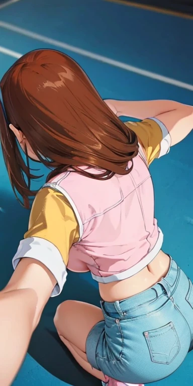   1 female, High Definition,High resolution,    ultra-realistic    ,8K, serenidaddm  ,   long hair,   brown hair,     pink shirt  ,  blue shorts,   gray eyes, city,   blue sneakers  ,  big breasts,European,sexy,  Close-up of the upper body,    photographed...