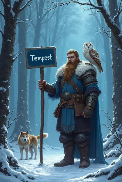  in the middle of the forest is a young Viking with an anime-style beard, standing right in armor, a polar owl is sitting on his shoulder and holding a sign that says Tempest in blue. It's snowing in the background and you can see many Vikings with armored...