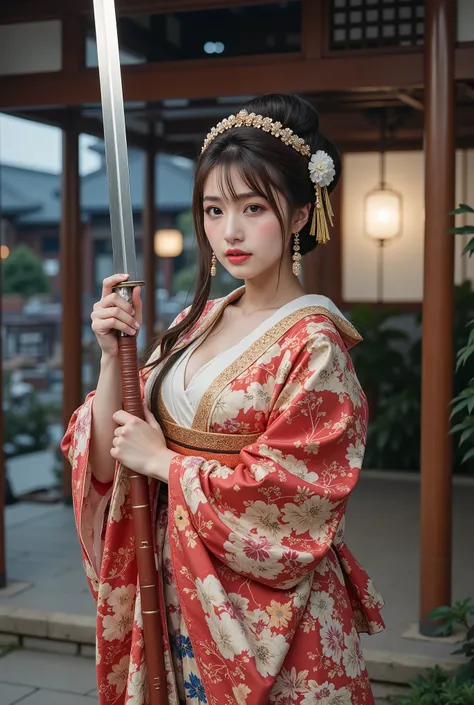 ( masterpiece, TOP QUALITY, by Nomi, high resolution, photos, :1.3), sharp concentration, 1 Beautiful Japanese Geisha Girl, ((( Beautiful kind face :1.5))), Geisha hairstyle, ((( plump body))), Japanese Geisha's Gorgeous Kimono, Standing Pose, (( full b...
