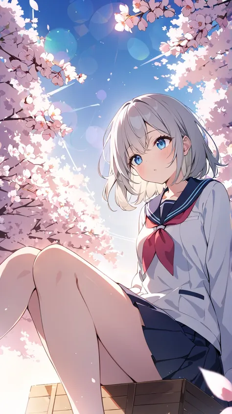 Riverbank、Cherry blossom trees、 soft light 、1 girl, solo、 blue eyes, Grey Hair,  school uniform、 sits cross-legged、 dutch angle,  lens flare,  overexposure、composition looking up from below、