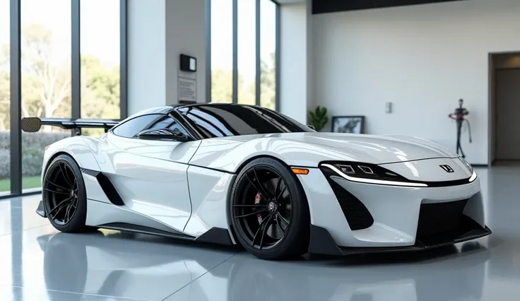 "A highly detailed and realistic side view of the 2025 Honda S2000, displayed in a modern showroom with glass walls and natural lighting. The glossy white paint finish enhances the sleek and aerodynamic body lines, while the black multi-spoke alloy wheels ...