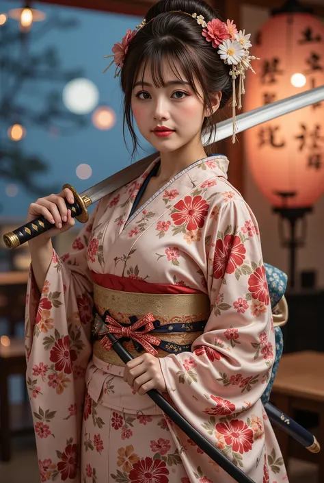 ( masterpiece, TOP QUALITY, by Nomi, high resolution, photos, :1.3), sharp concentration, 1 Beautiful Japanese Geisha Girl, ((( Beautiful kind face :1.5))), Geisha hairstyle, ((( plump body))), Japanese Geisha's Gorgeous Kimono, Standing Pose, (( full b...